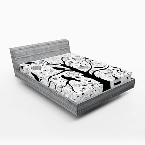 Ambesonne Black White 2 Pack Fitted Sheet, Tree Flowers Birds, Bed Cover All-Round Elastic Deep Pockets 2 Pieces, Package Contains 2 Full Size Fitted Sheets, White Black