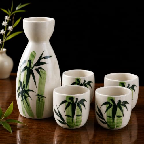 Image of Melbify Japanese Ceramic Sake Set - 5 Piece Bamboo Design Porcelain Sake Set with 1 Sake Bottle (Tokkuri) & 4 Sake Cups | Japanese Wine Set for Drinks, Shochu & Home Bar | House Warming | Gift Set