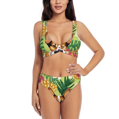 Maillot de bain deux pièces Corgi imprimé tropical hawaien bikini plage