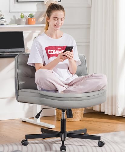 COMHOMA デスクチェア あぐら ソファチェア オフィスチェア グレー 疲れない椅子 90°~130°ロッキング角度 肘掛けなし 座面広い ホイール付き回転 10cm高さ調節可能 PUレザー 軽快な小型のソファ 一人掛け 小さなスペース CH310-Gray