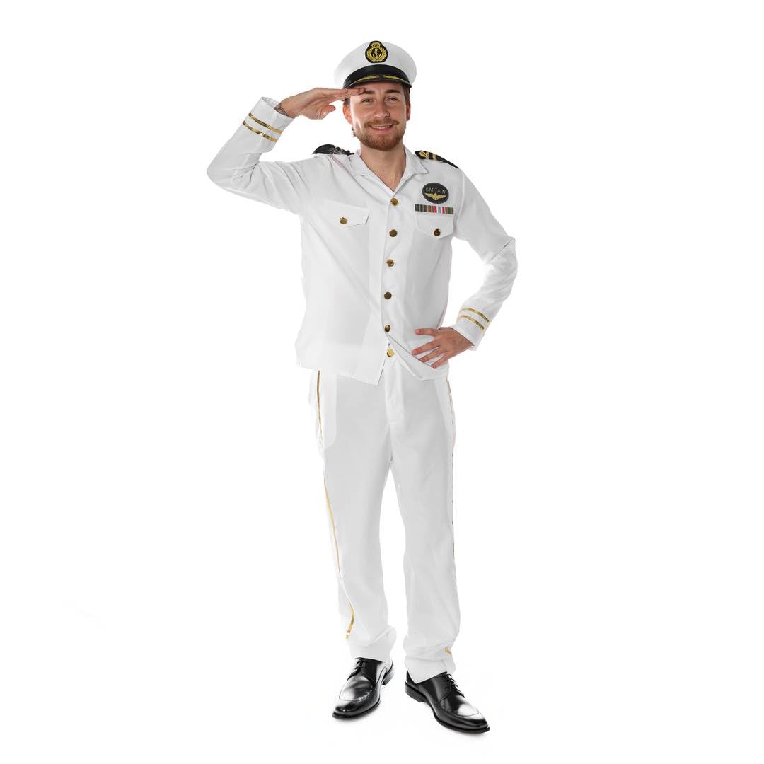 Adults Sailor Costume - Small - White Top with Epaulettes and Gold Details, Matching Trousers, White & Gold Captain's Hat - Mens Sea Captain Fancy Dress Costume