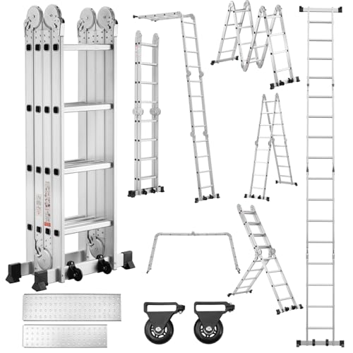 TEENO Mehrzweckleiter 4.70 M, 4x4 Stufen, 7 in 1 Aluminium Multifunktionsleiter mit 2 Abnehmbare Transportrollen und 2 Plattform, Bis 150 kg, Gelenkleiter Klappleiter Stehleiter Aluleiter 16 Sprossen