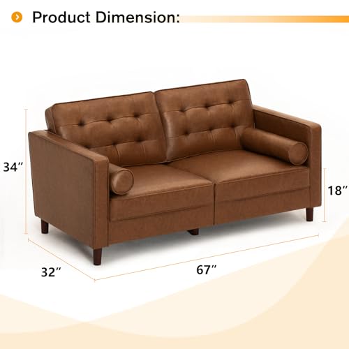 Image of 67 Inches Modern Faux Leather 2-Seat Sofa w /2 Bolster Pillows & Tufted Backrest, Mid-Century Couch, Premium 2 Seaters Sofa for Living Room, Bedroom, Office, Brown
