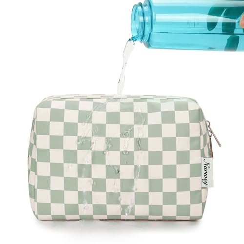 Large Makeup Bag Zipper Pouch Travel Cosmetic Organizer for Women (Mint Green Checkerboard, Large), Z-mint Green Checkerboard - Image 4