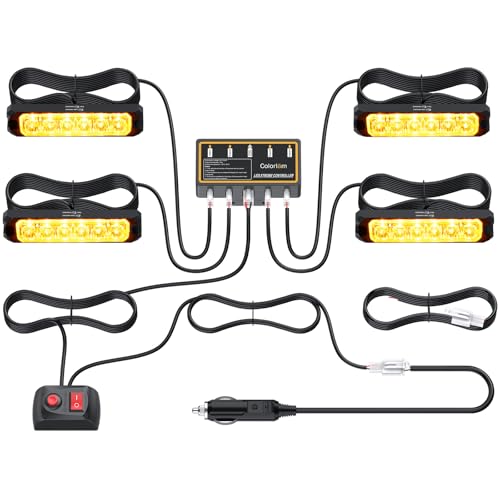 COLORLAM 4x6LEDS Strobe Flashing Lights Emergency Beacon Light Amber Flashing Grill Lights Warning Lights with IP65 Waterproof & 8 Flash Patterns for 12V/24V Emergency Vehicle Van Truck Trailer Roof