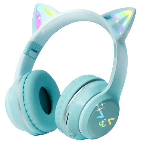 Joso Auriculares Bluetooth para niños, 2 en 1, con cable/inalámbricos, con micrófono, para niñas y niños, diadema ajustable, auriculares de orejas de gato plegables