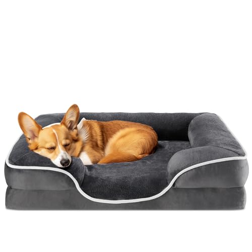 DUMOS Orthopedic Dog Bed for Medium Size Dogs, Supportive Memory Foam Dog Sofa with Washable Removable Cover Non-Slip Base Waterproof Pet Couch Bed, Grey, 28″ L x 23″ W x 6.5″ Th
