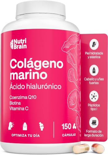 Colágeno Marino Hidrolizado Puro con Ácido Hialurónico, Coenzima Q10-150 días - Vitamina C y Biotina - Alta Biodisponibilidad - Péptidos Tipo I - Articulaciones, Piel, Pelo y Uñas - NUTRIBRAIN