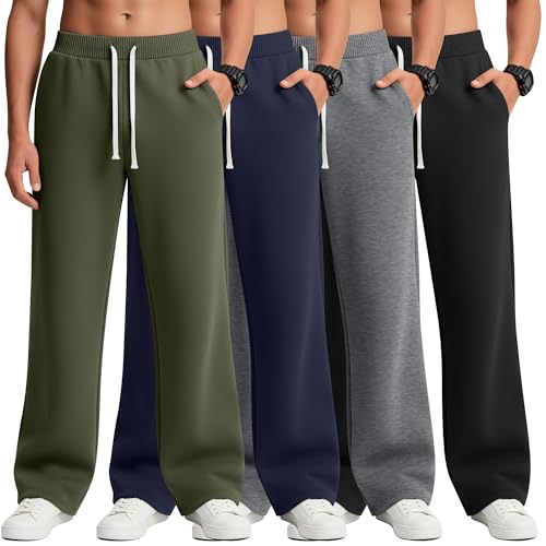 Mumucove 4 Pack Boys Baggy Sweatpants Open Bottom Drawstring Elastic Waist Athletic Pants with Pockets 7-16 Years Kids Teen(Army Green, Navy Blue, Mixed Gray, Black,9-10 Years)