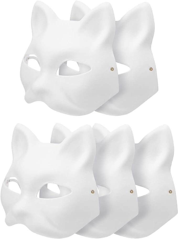 X spring Fox Mask, 5 Pcs White Paper Mache Craft Masks, Paintable Therian Mask Kit for Cosplay, Halloween Costume, Theater Performance and Dress Up Parties