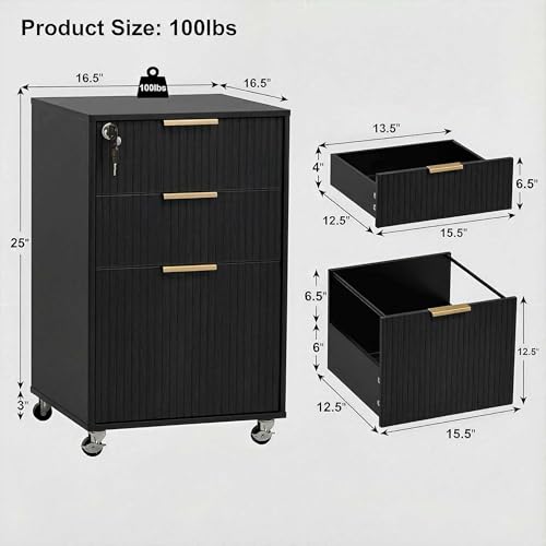 Image of 3 Drawers Fluted Mobile File Cabinet with Lock, Rolling File Cabinet Printer Stand Table, Under Desk Wooden Filing Cabinets for Home Office Essentials Storage Organization Furniture Letters /A4(Black)