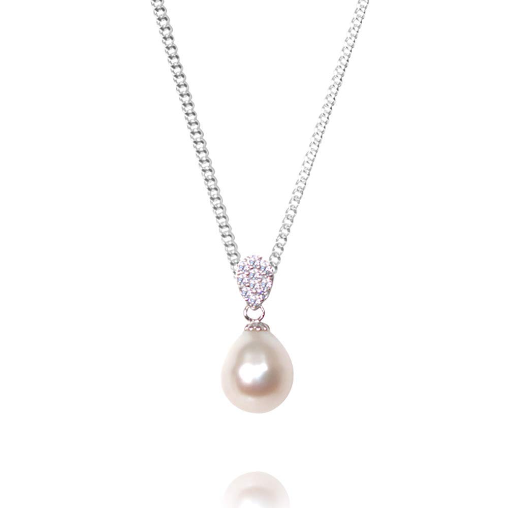 925 Sterling Silver Aria Pave Freshwater Pearl Pendant Necklace Gift For Her, Women, Mum, Daughter, Girlfriend, Partner