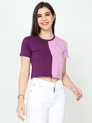 Image of FLEXIMAA Women's Cotton Plain Round Neck Half Sleeve Crop Top