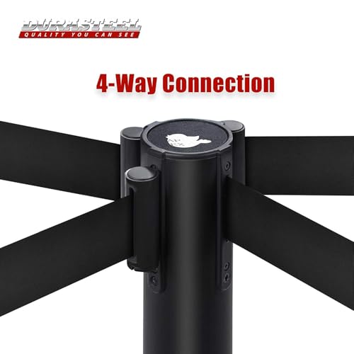 Image of DuraSteel Black Crowd Control Barriers Stanchions with Retractable Belts - Metal Stanchion Posts w / 6.5ft Black Retractable Barrier Belt Ropes - Queue VIP Safety Line Dividers - Set of 6 Stantions