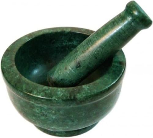 Image of Green Marble Mortar and Pestle Set for Kitchen & Ayurveda | Heavy Duty Hand Grinder for Spices, Herbs, and Pills | Traditional Stone Manual Masher | 4-Inch Mortar Crusher for Home Use