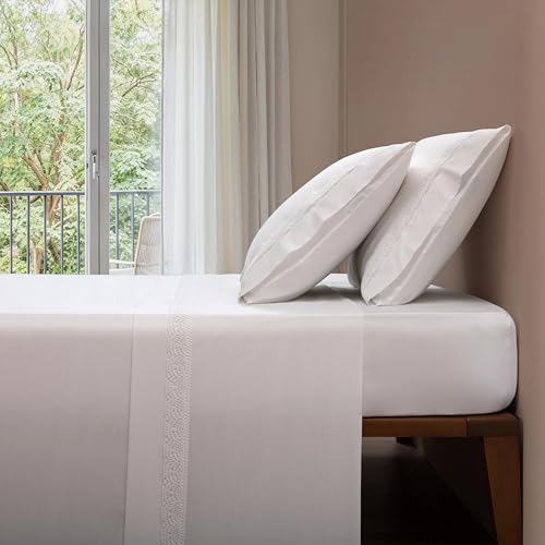 Casa da Laura - Juego de Sábanas 100% Algodón 180 Hilos con Encaje Blanco – 806-180 Hilos - 100% Algodón - Cama 180 2 Almohadas 50 x 90 cm - Fabricado Portugal