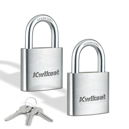 Kwikset Aluminum Padlock with Hardened Steel Shackle, Outdoor Shed and Gate Lock, 1-1/2 in Body, 7/8 in Shackle, 2 Pack Keyed Alike, Silver