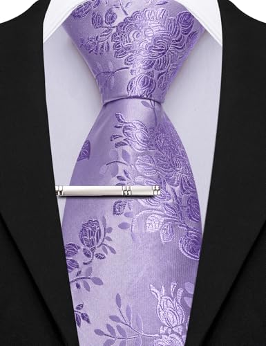 Image of Barry.Wang Mens Ties Silk Solid Color Lavender Floral Woven Neckties and Tie Clip Set Casual Formal Wedding Business