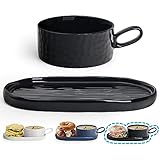 Wareland Soup Bowl with Handle & Salad Plate, Soup and Sandwich Plate Combo, 18oz Soup Mug/Cup for Cereal, Ceramic Pasta Plate for Appetizer, Dessert, Rice, Dishwasher & Microwave Safe, Bright Black