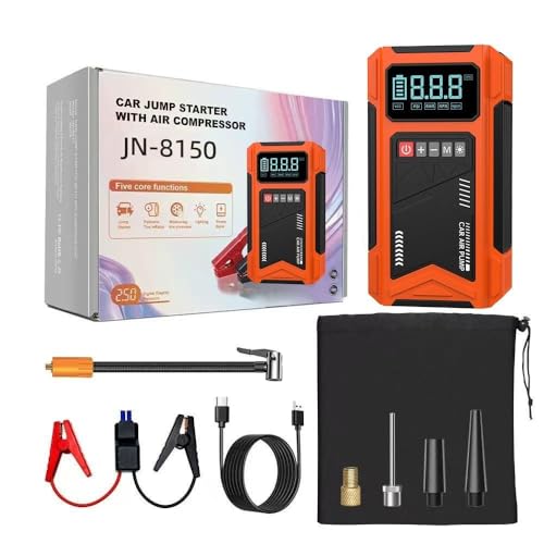 Gettimore Arrancador portátil para coche e inflador de neumáticos con fuente de alimentación de 12 V, compresor de aire y dispositivo de arranque de emergencia en rojo y naranja
