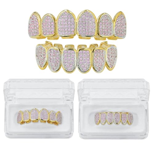 Grillz seis dientes rosa microincrustado 18k baño de oro joya hip hop para hombre y mujer 4