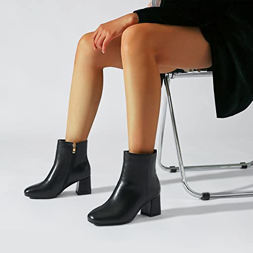 SHEMEE Women's Square Toe Chunky Ankle Booties Block Mid Heel Side Zipper Short Boots4