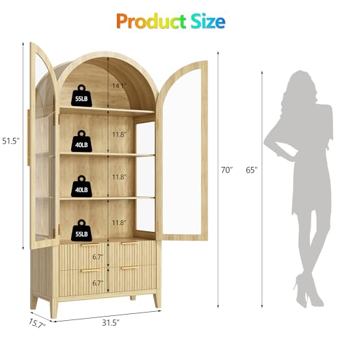 Image of LVSOMT 71 inch Arched Display Cabinet with Glass Doors and RGB Lights, Wood
