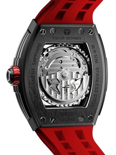 Image of TSAR BOMBA Men's Automatic Watch Tonneau Luxury Skeleton Watches for Men Mechanical 50M Waterproof Analogue Watches Mens Unique Cool Square Big Face Dial Wristwatch with Silicone Strap Band