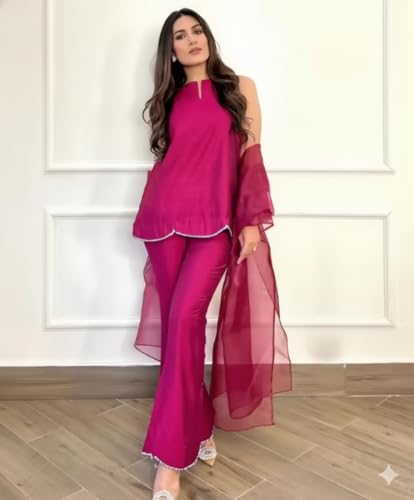 Image of Women's Teal Chiffon Kurta with Dupatta and Palazzo Pants, 3-Piece Ethnic Suit Set