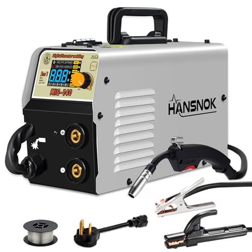 HANSNOK 140A MIG Welder, 110V/220V Flux Core MIG Welder/Lift TIG/Stick 3 in 1 Welding Machine with Synergy, IGBT Inverter Portable Gasless Welder Equipment with Welding Gun (MIG-140)