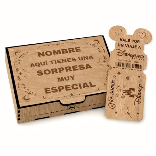 NIRALIS Disney Boîte surprise de voyage en bois avec clé Disney personnalisable en forme de billet pour communion Motif chêne, personnalisable