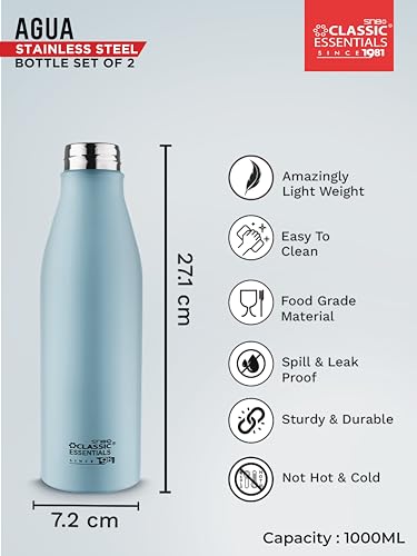 Image of CLASSIC ESSENTIALS Agua Stainless Steel Leak Proof Water Bottle Suitable for Fridge 1000 ml | Office, Bottle, Hiking, Treking, Travel | Blue, Set of (2)