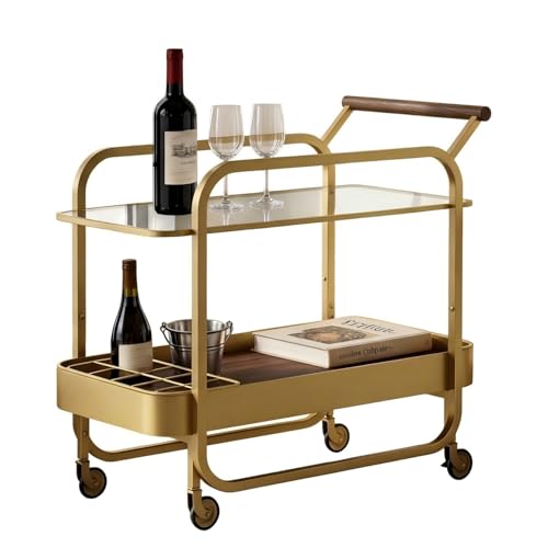 DAWNYIELD Carrito de Bar 2 Niveles, Carrito de Bebidas con Bandeja de Vidrio Templado y Rejilla para Botellas, Carro de Bar con Ruedas Bloqueables, Carrito Multiusos para Cocina, Salón, Dorado