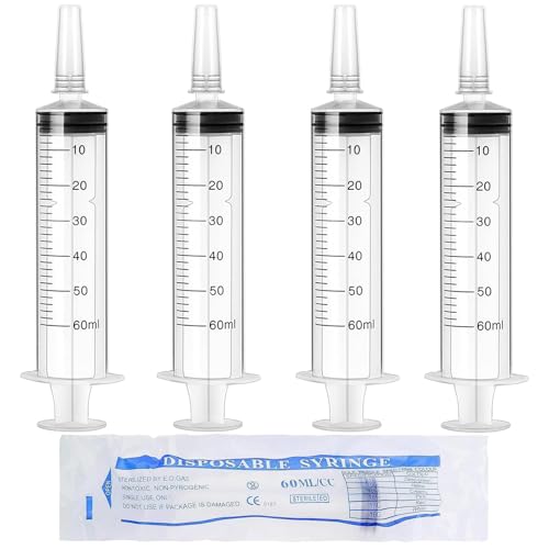 Spritze 50ml 4 Stück Spritzen 50ml mit Kappen Dosierspritze Aufziehspritze Plastikspritze Futterspritze Wiederverwendbare Syringe für Labor Tierfütterung Industrielle Nutzung, Einzeln Verpackt