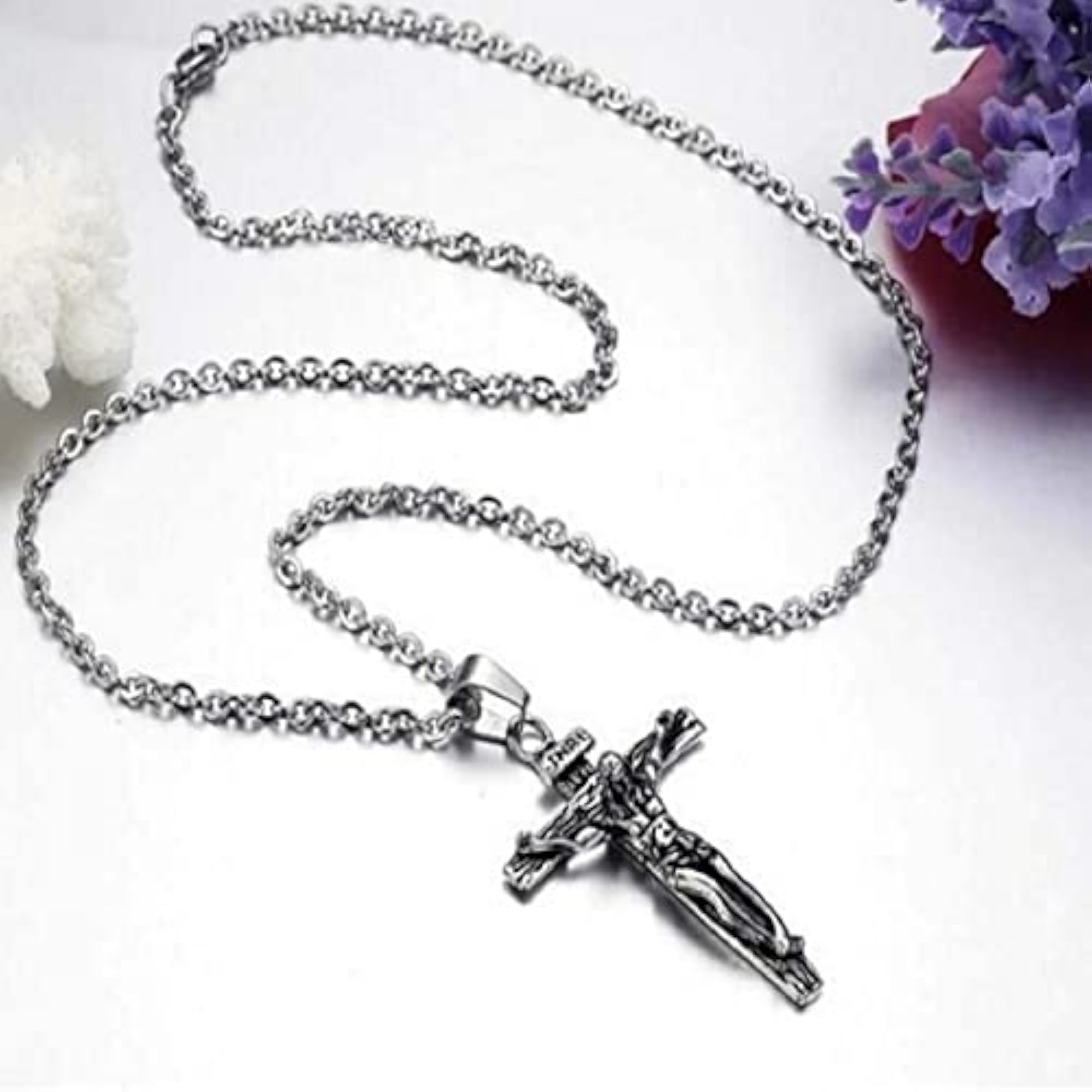 Oxidized Silver Jesus Cross Pendant Chain Necklace