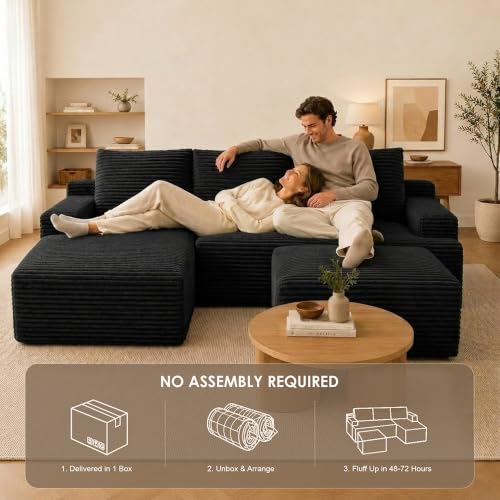 Image of Boneless Couch, Modular Sectional Couches for Living Room, U-Shaped Cloud Couch Sofa with Deep Seat, Fluffy Corduroy Upholstered Corner Sofa