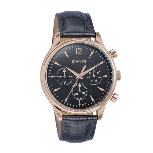 Image of Sonata Wedding Edit Quartz Multifunction Black Dial Leather Strap Watch for Men
