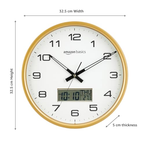 Image of Amazon Basics 12.5 Inch Large Analog Digital Wall Clock with LCD Display | Day Date Month Temperature | Silent Sweep Quartz Movement | Clear Bold Numbers | Dual Battery Operated (White)
