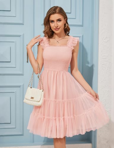 Image of Meetjen Womens Casual Summer Dresses Sleeveless Smocked 2026 Flowy Tulle Ruffle Party Square Neck Tiered Wedding Guest Dress