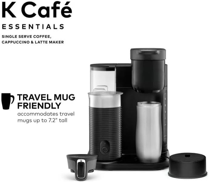 KeuriigK K Cafe Essentials Single Serve K Cup Pod Coffee, Latte and Cappuccino Maker, Built In Milk Frother, Latte & Cappuccino Brewer, Espresso Shot, 3 Brew Sizes, 42 oz Water Reservoir, color Black