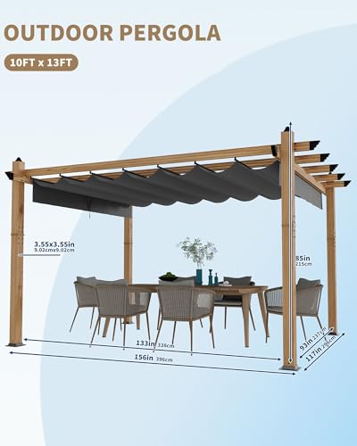 Image of KYBOLT 10x13 Ft Outdoor Pergola with Retractable Canopy Upgraded Aluminum Wood Grain Patio Pergola for Modern Backyard Deck Porch Grape Trellis - Gray