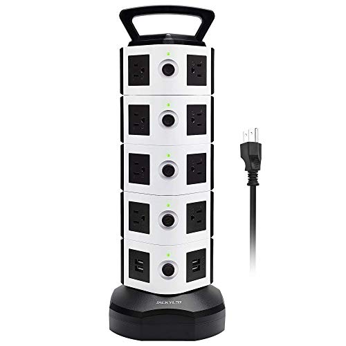 Power Strip Tower JACKYLED Surge Protector Electric Charging Station 3000W 13A 18 AC Outlets 4 USB Ports with 16AWG 6.5ft Heavy Duty Extension Cord for Home Office