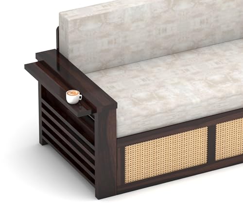 Image of Solid Sheesham Wood Sofa Cum Bed with Cane Rattan Design | Convertible Sofa Bed for Living Room & Bedroom (Walnut Finish)