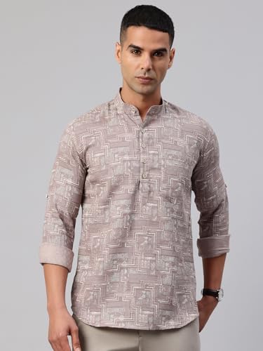 Image of Majestic Man Men's Pure Cotton Printed Mandarin Collar Regular Fit Roll-Up Sleeves Short Kurta