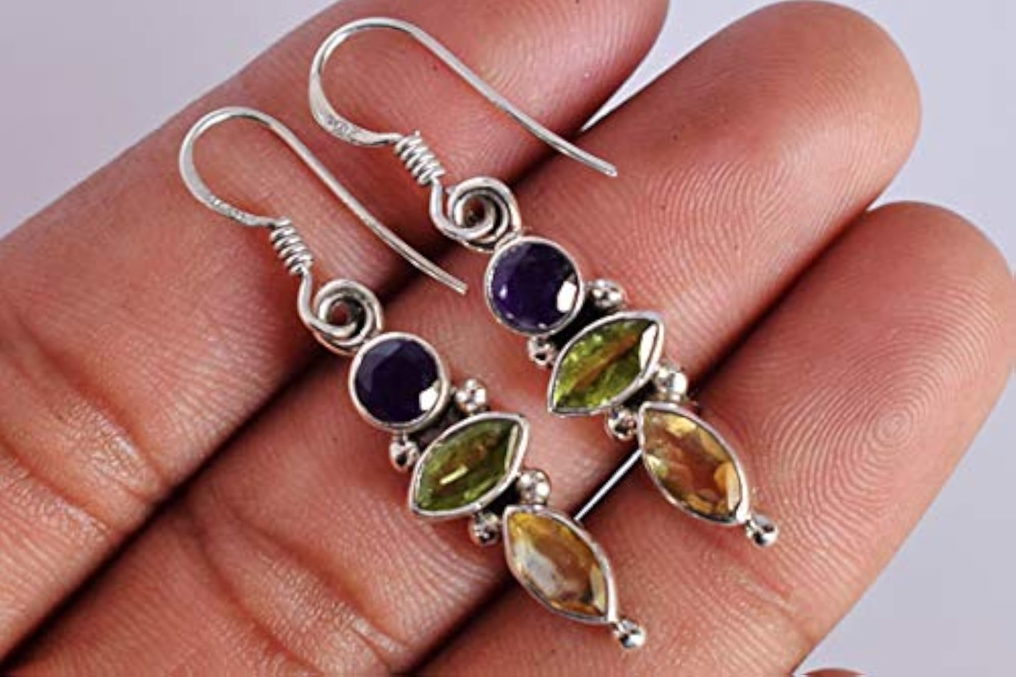 Amethyst & Citrine Birthstone 925 Sterling Silver Dangle Earrings