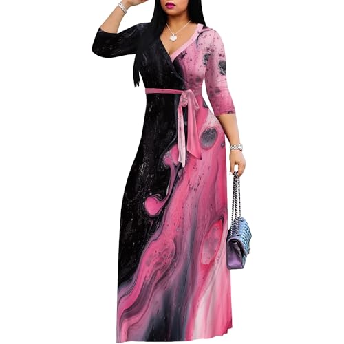Image of PinkPatty Women's Print Maxi Dresses 3 /4 Sleeve Flowy Long Dress V Neck Wrap Tie Waist Sundress
