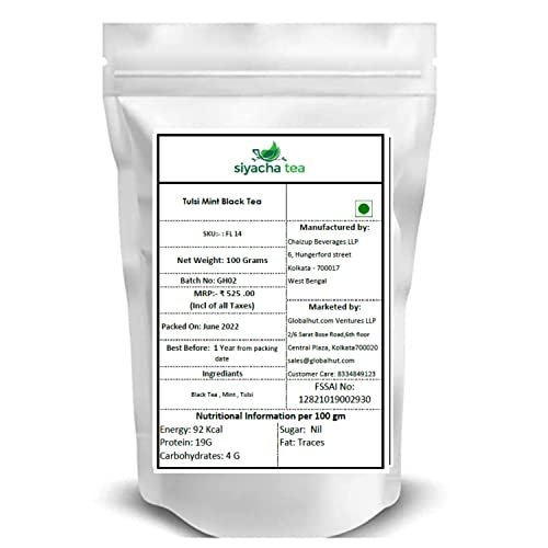 Image of Siyacha Tea Tulsi Mint Black Tea, 100 Grams, Assam Black Tea Holy Basil Mint Blend, Premium Milk Beverage, Healthy Chai Patti, 100% Herbal Loose Leaves Fresh, Makes 50 Cups (approx)