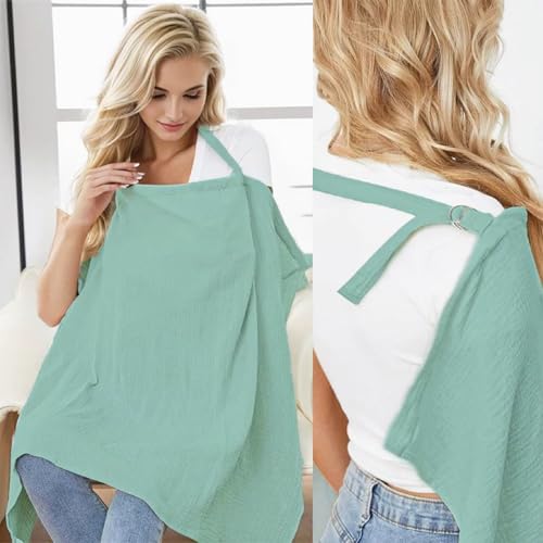Neblueum Muslin Nursing Cover for Breastfeeding Moms - 100% Cotton Lightweight & Breathable Privacy Shawl with Adjustable Rigid Hoop | Multi-use Apron(Sage Green)