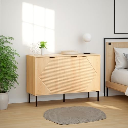 خزانة بوفيه جانبية عصرية مع ابواب وارفف - خزانة تخزين خشبية مخددة لغرفة المعيشة او المدخل او المطبخ (خشب البلوط الطبيعي)