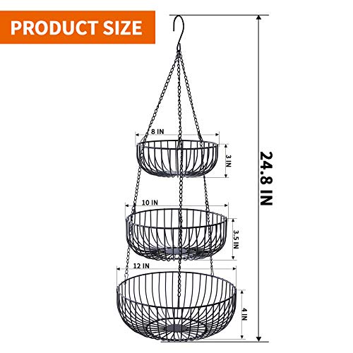 Large Size Heavy Duty Wire 3 Tier Hanging Basket With Lenght Adjustable Ceilling Mount Hooks, French Rustic Country Style Fruit And Vegetable Metal Baskets, Space Saving Kitchen Storage Organizer, Black #TOP1